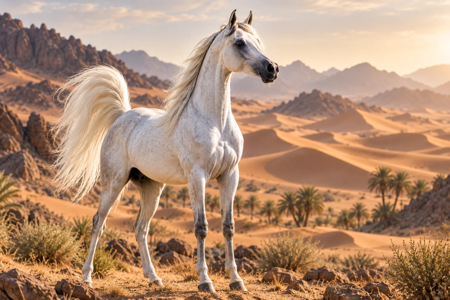 Arabian horse standing in a desert landscape