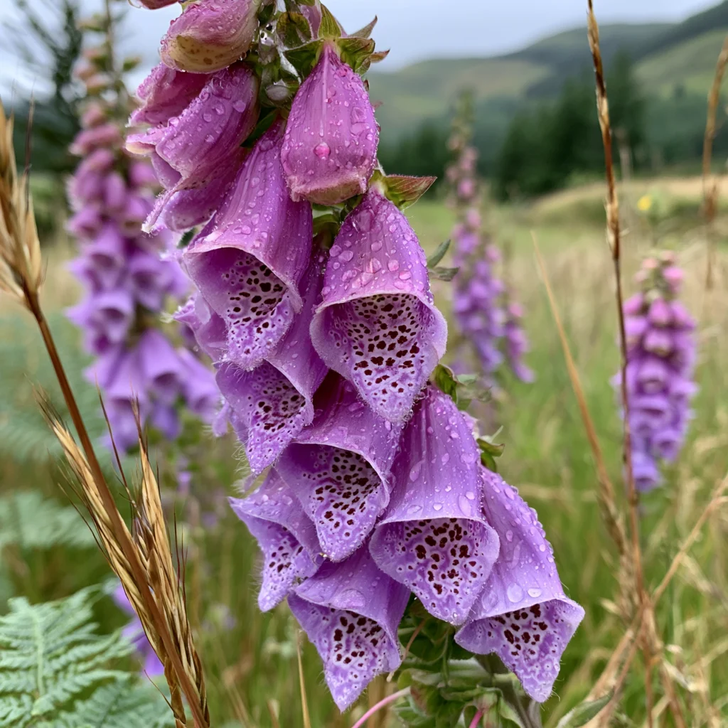 Foxglove plant with tall spike of pink-purple tubular flowers — toxic to horses