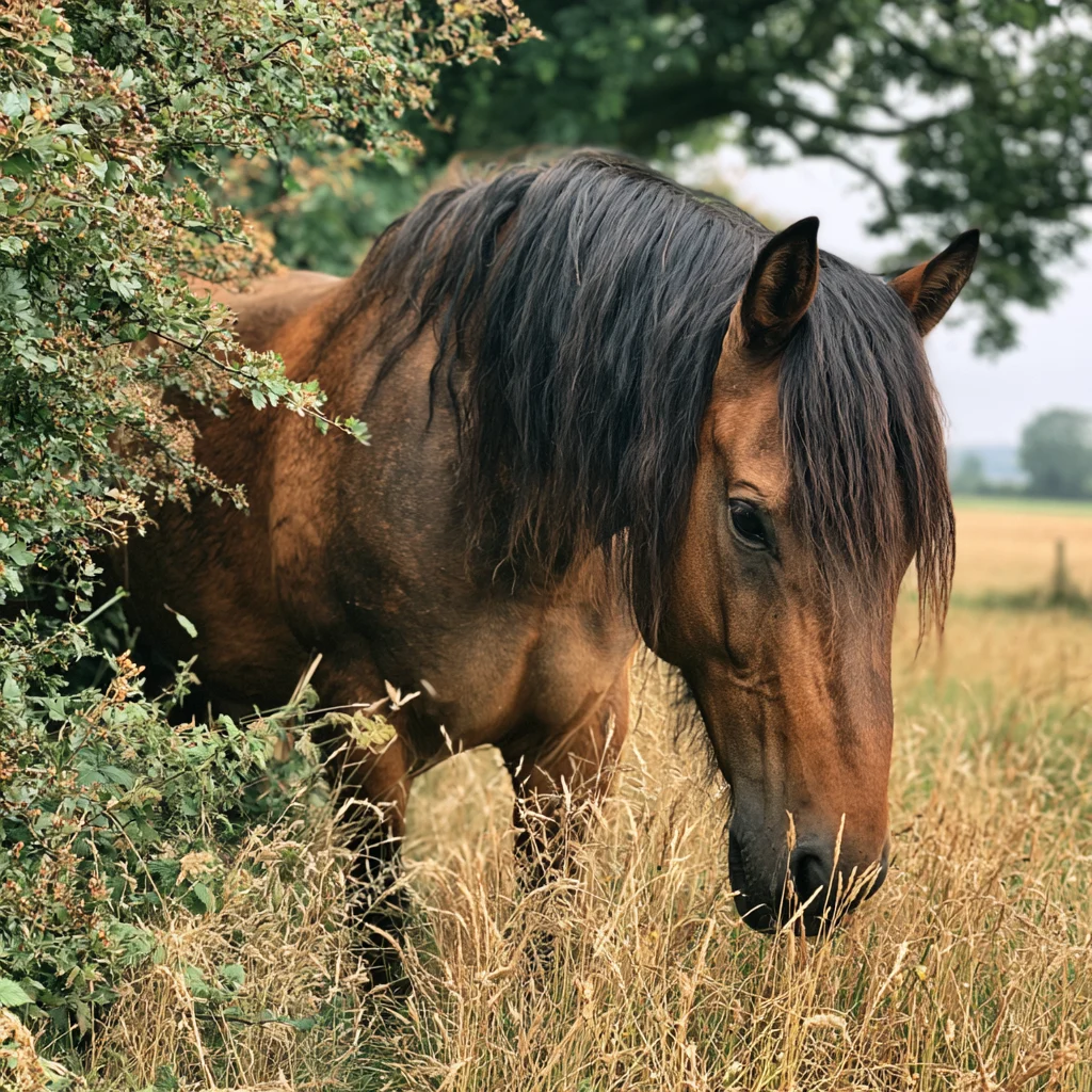 Horse grazing in paddock near hedgerow