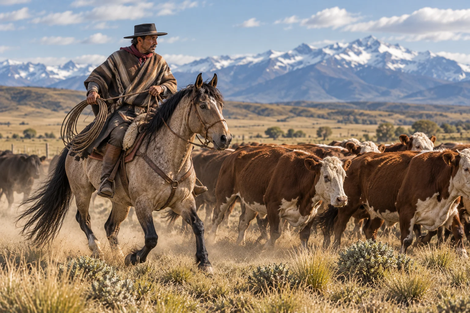 Gaucho on a Criollo horse herding cattle