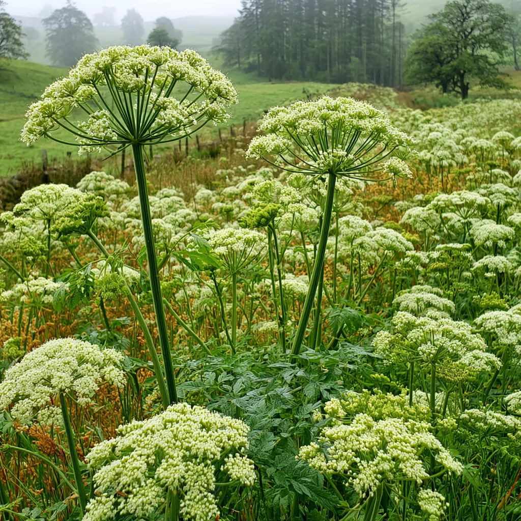 Hemlock plant with distinctive purple-spotted hollow stems and white umbrella flowers