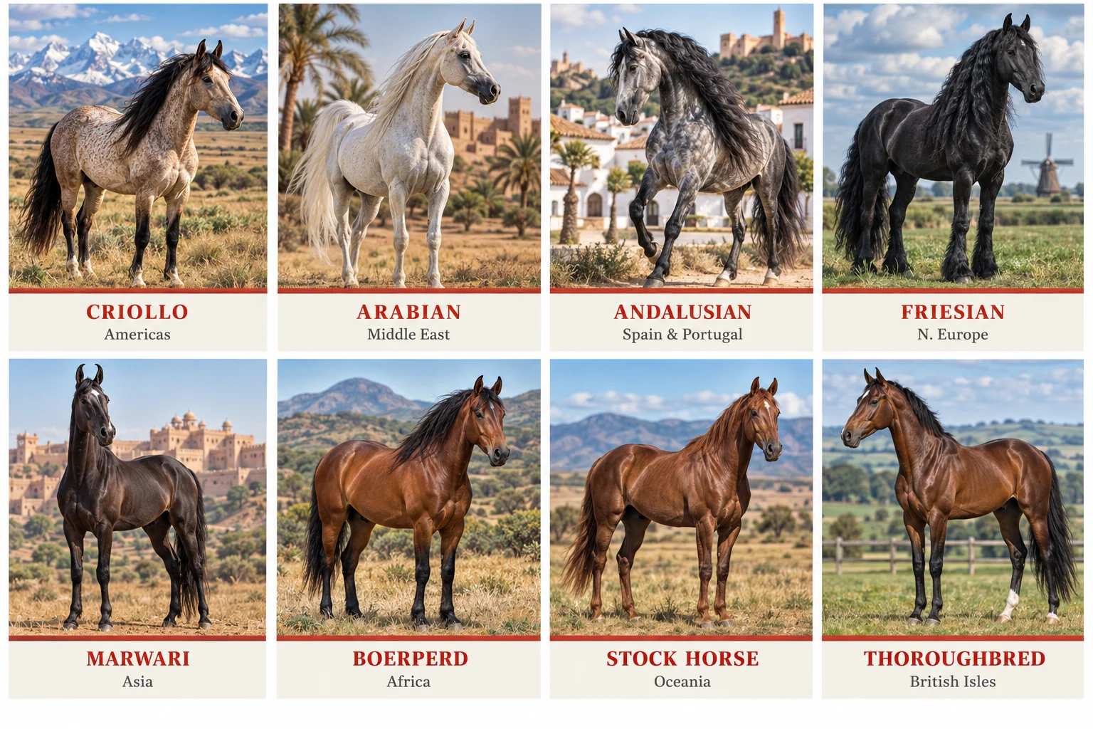 Collage of horse breeds featured in Horses of the World