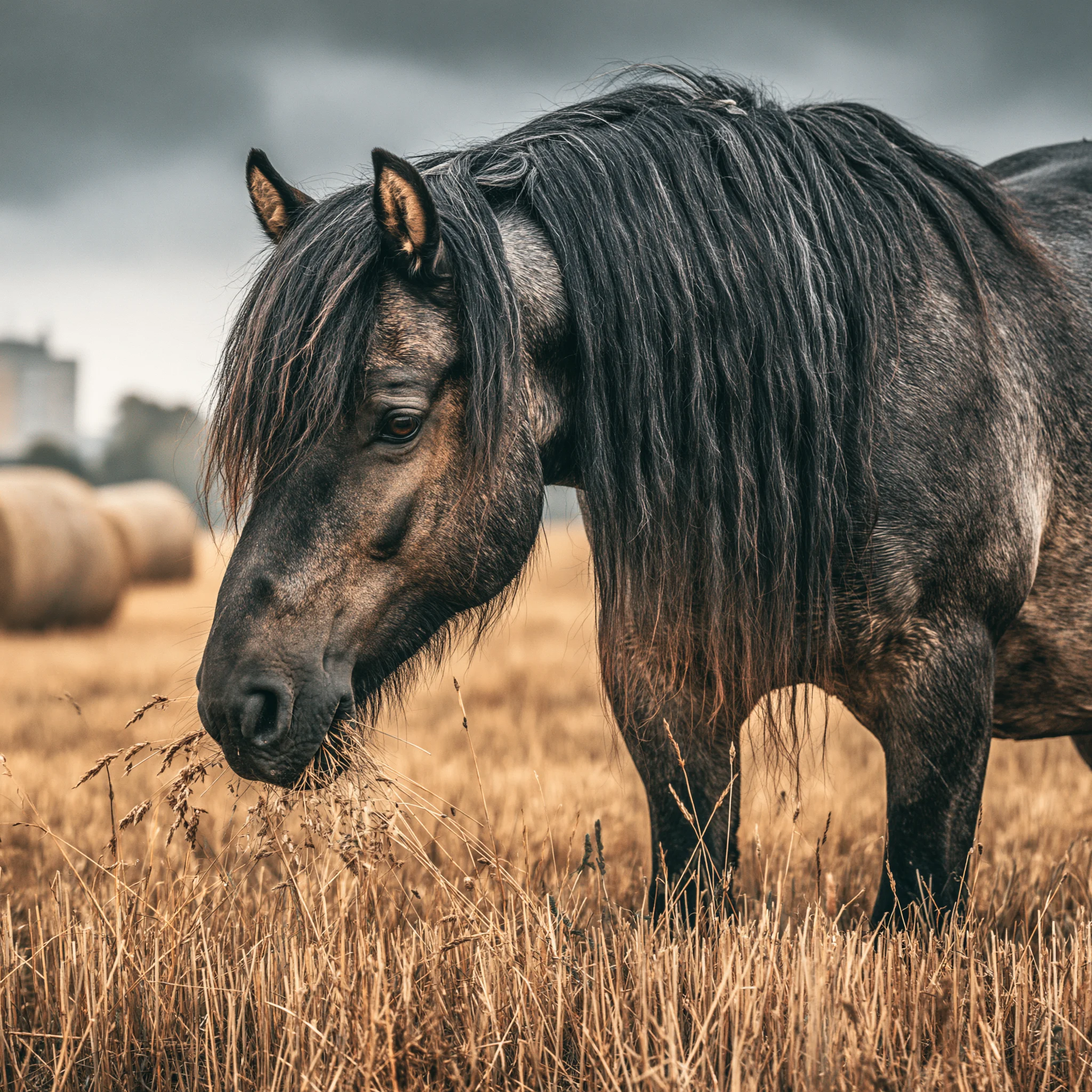 Horse grazing on UK pasture with hay bales in the background