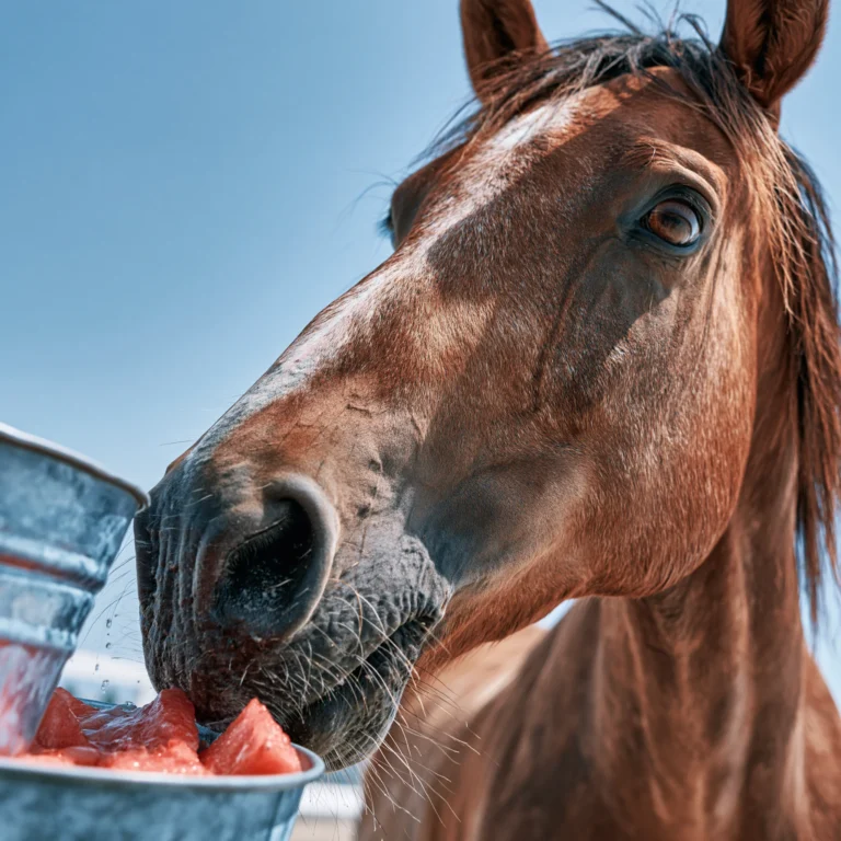 Horse eating watermelon
