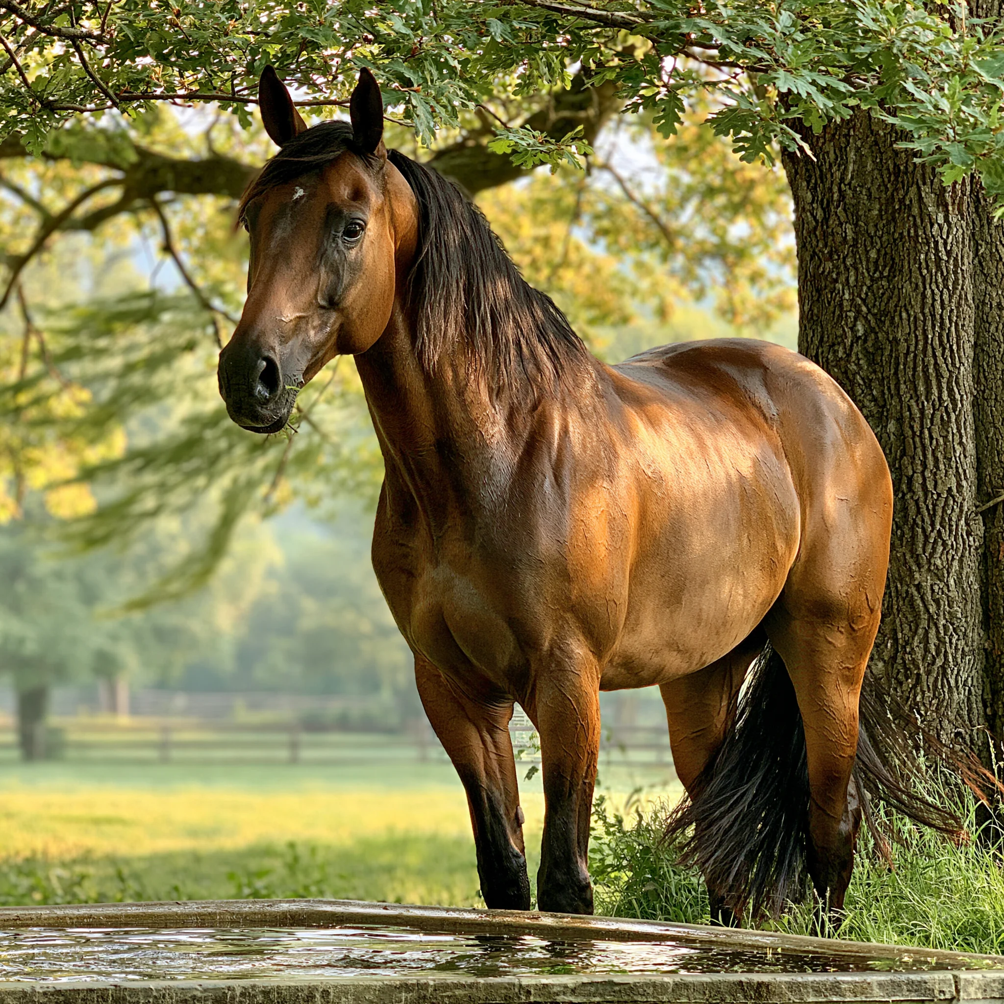 Horse seeking shade beside a full water trough in summer heat