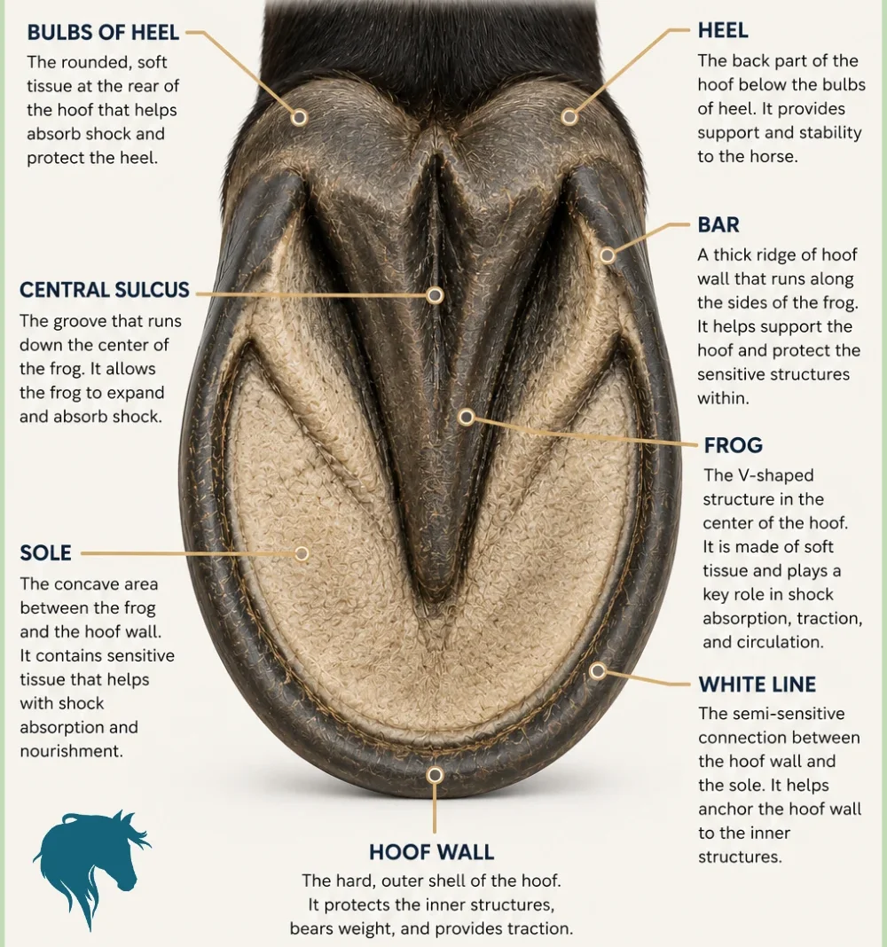 Close-up diagram-style photo of a horse's lower leg anatomy