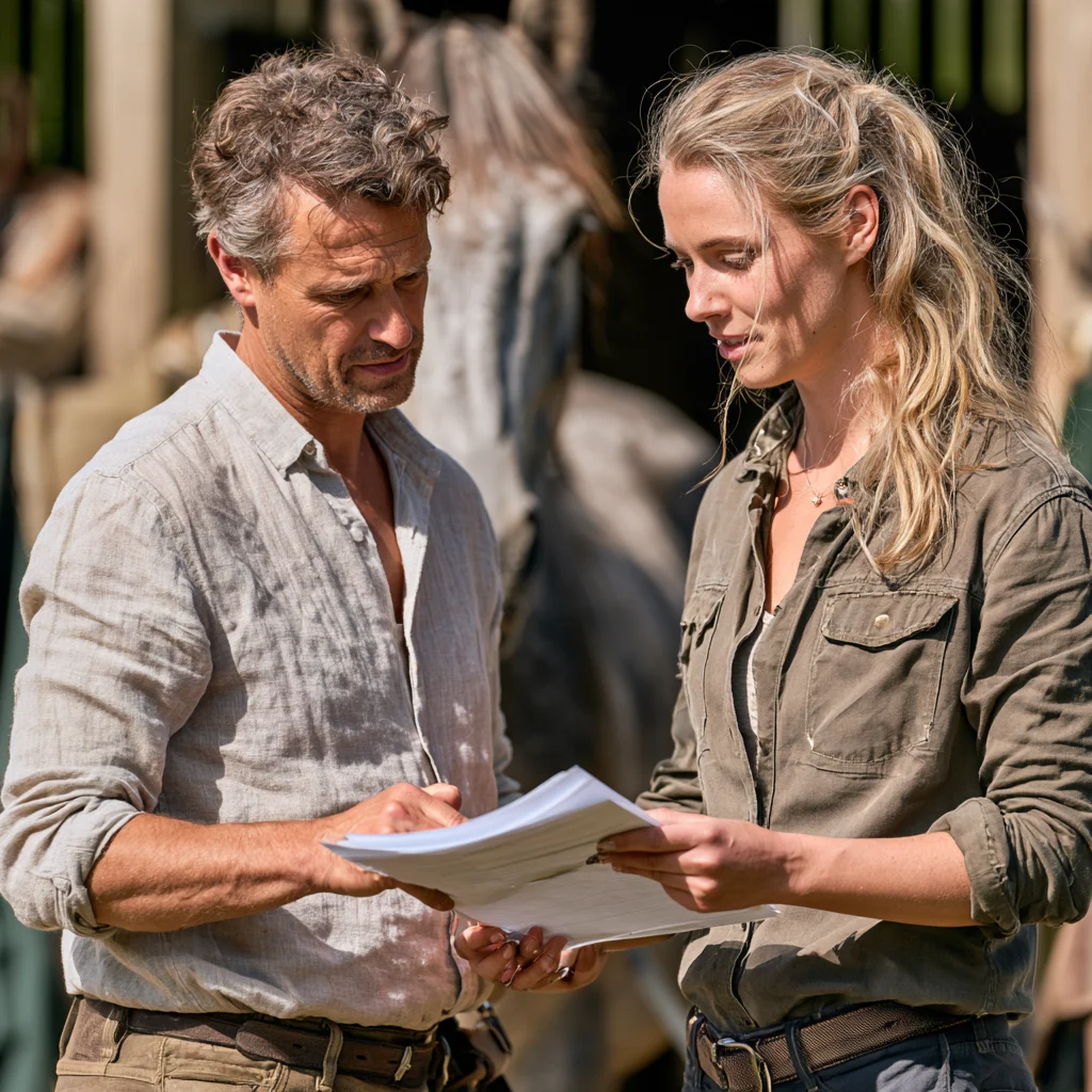 Horse owner and yard manager reviewing a contract