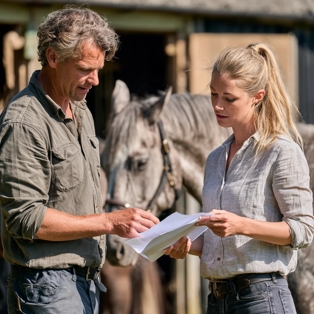 Horse owner and yard manager reviewing a contract