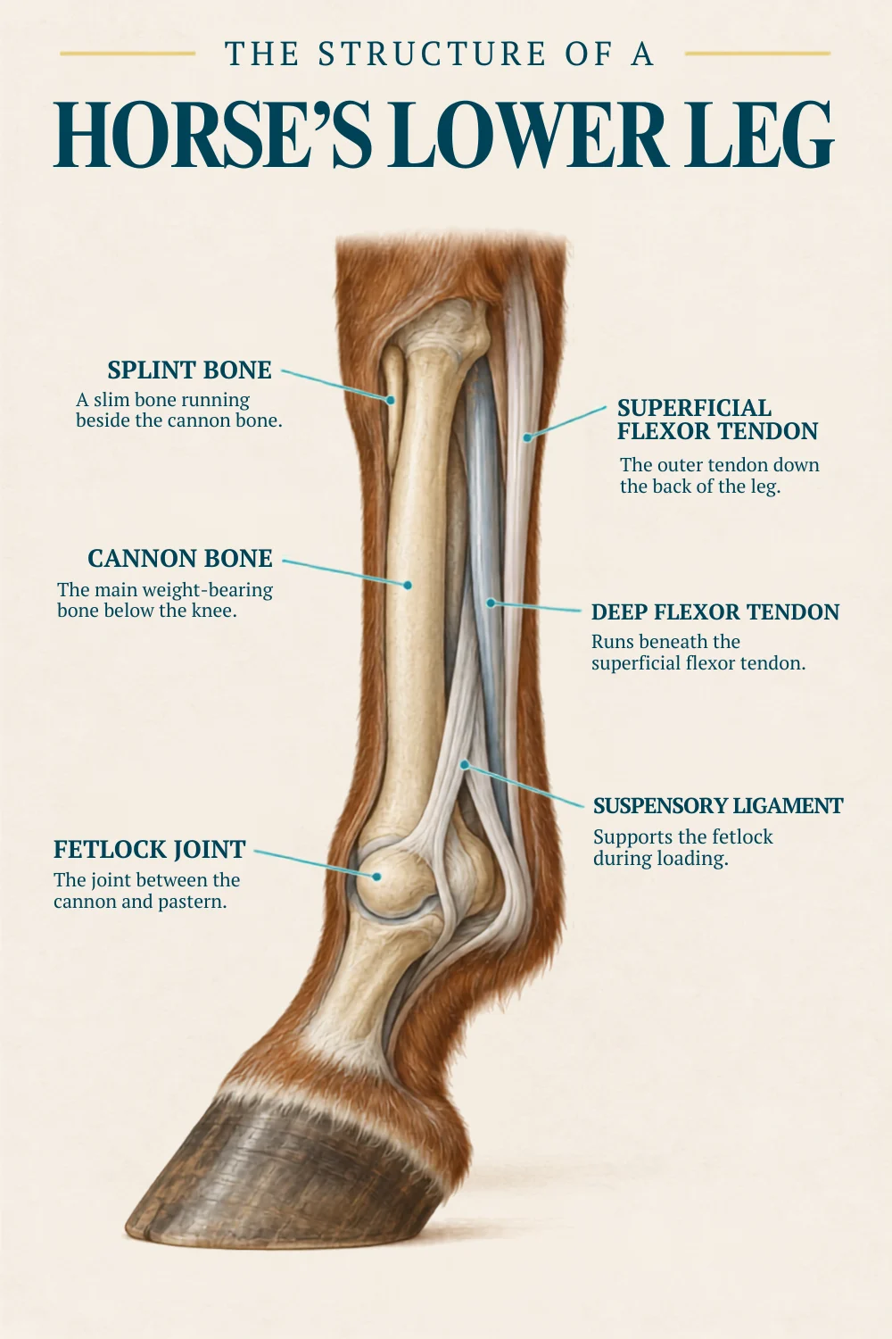 Close-up diagram-style photo of a horse's lower leg anatomy