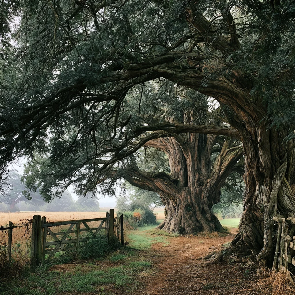 Yew tree with dark glossy needles and red berries — deadly toxic to horses