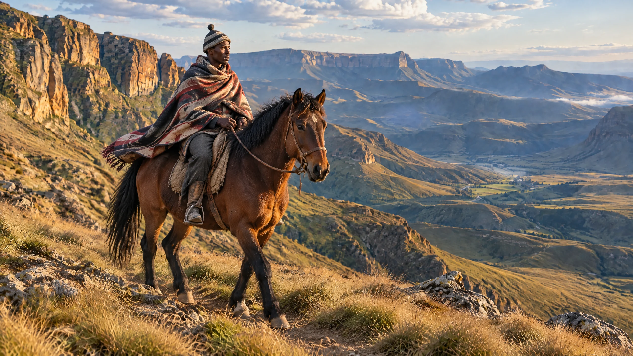 Basotho herder riding a pony through the mountains, wrapped in a traditional blanket