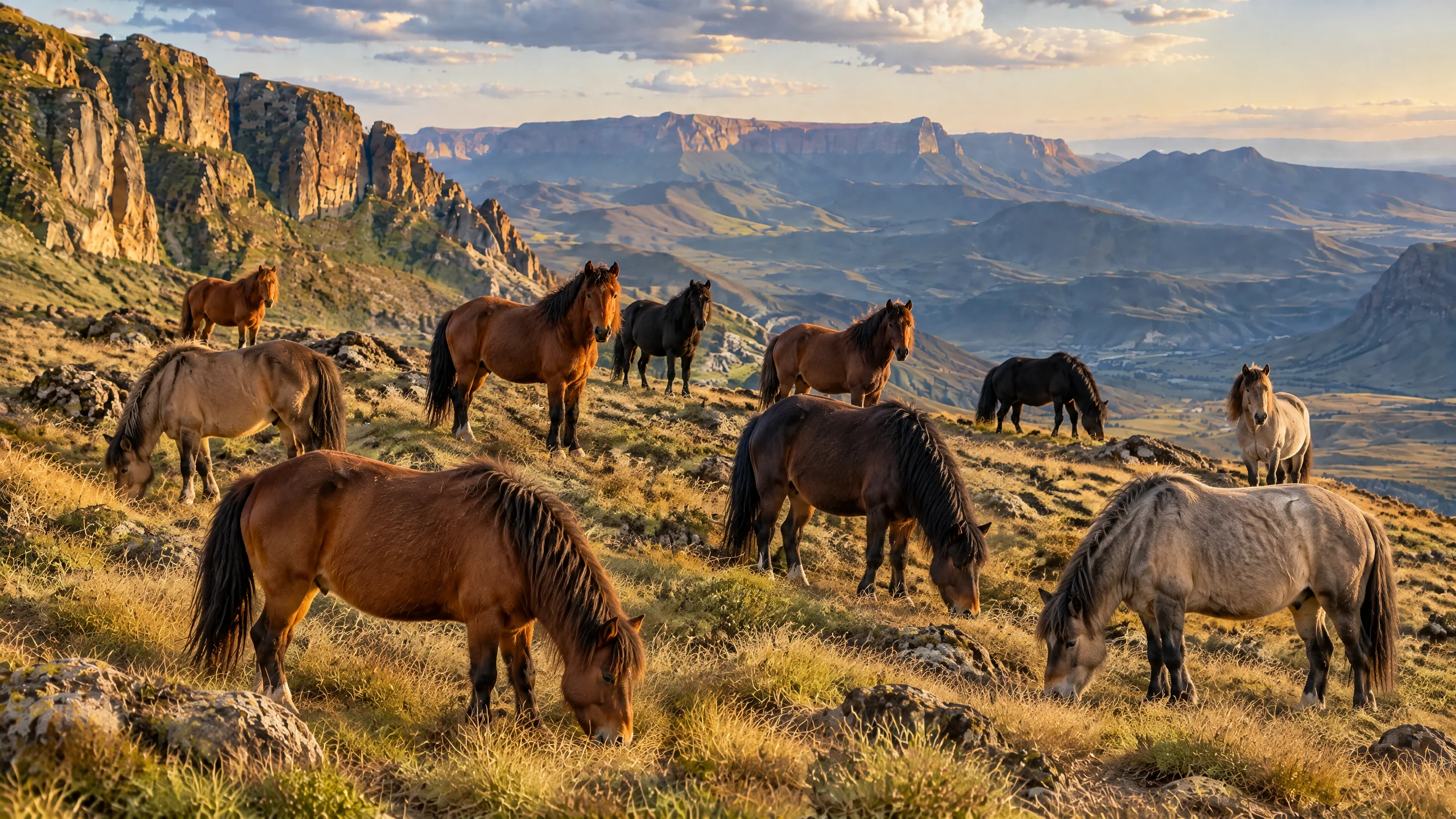 Herd of Basotho Ponies grazing in the Lesotho mountains