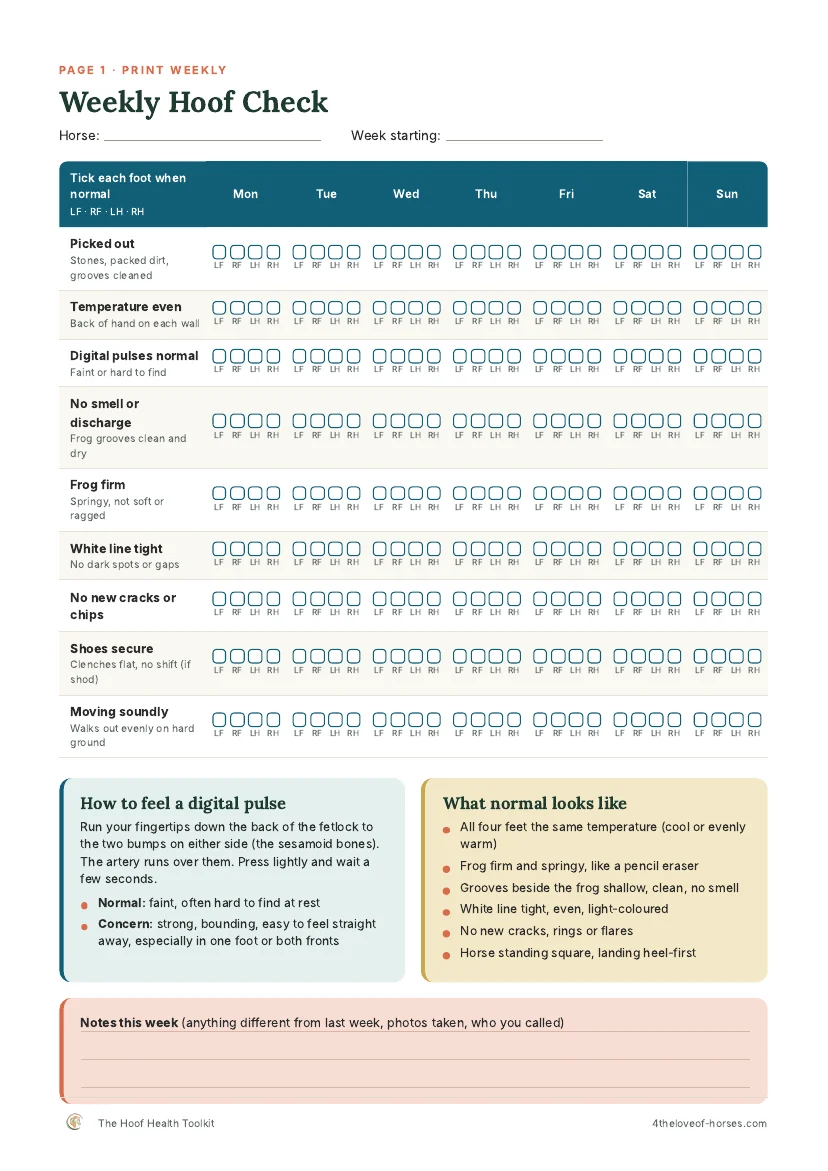 Weekly hoof check sheet for all four feet