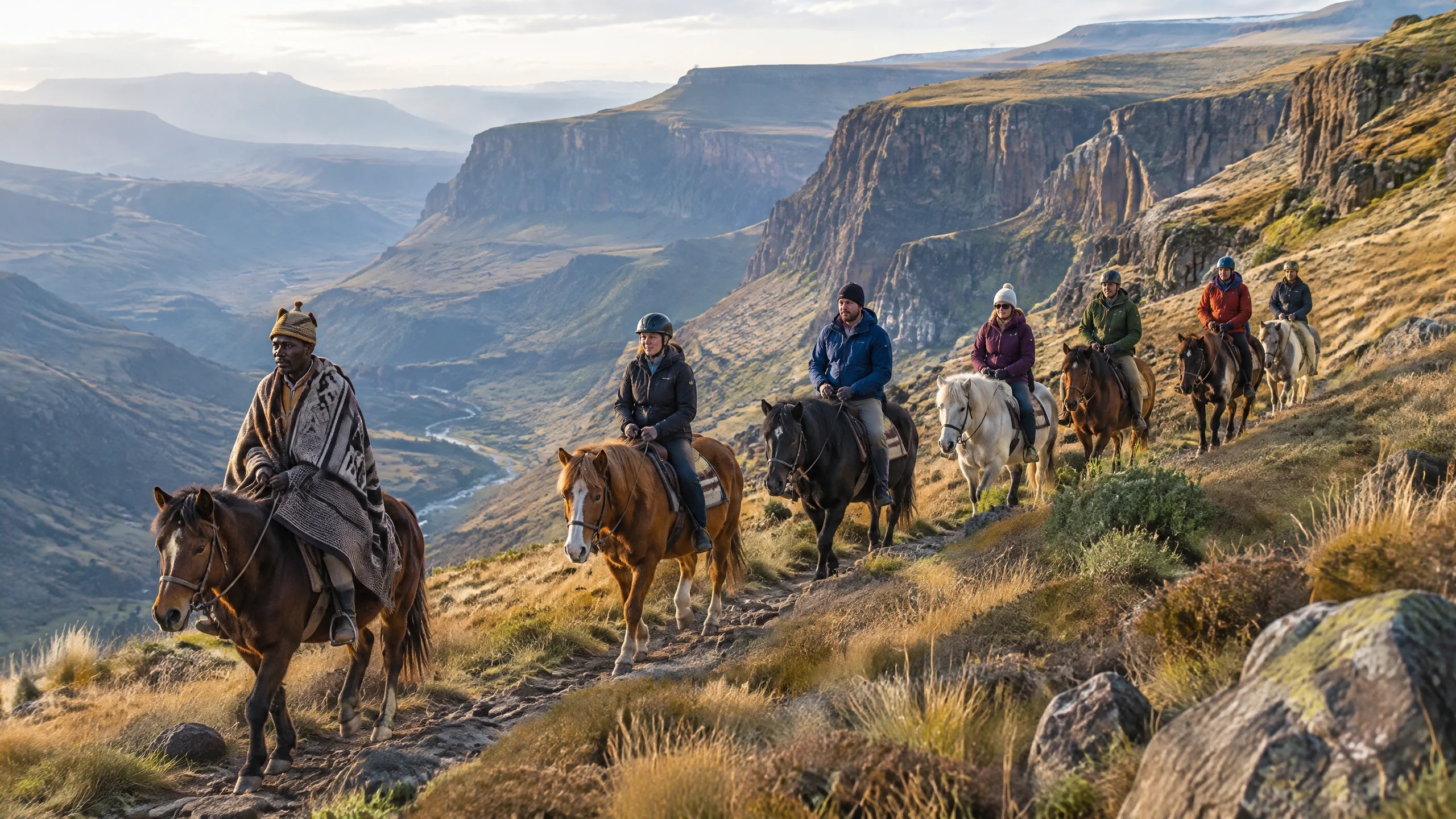Basotho Pony trekking with riders through the Lesotho highlands